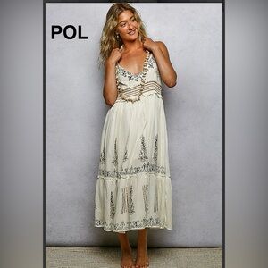 BP225-11🤍POL Cream Midi Dress with pretty Embroidery+elastic waist. so gorgeous